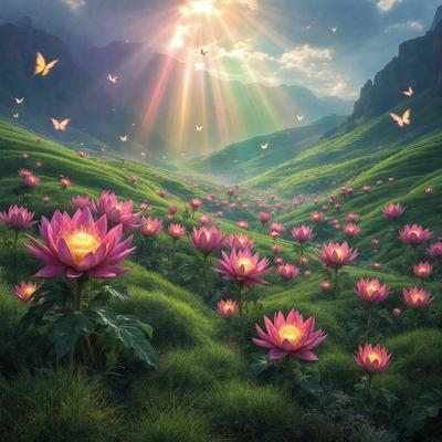 The primary subject of the image is a field filled with pink flowers, creating a vibrant and lively atmosphere. The setting is a grassy hillside, with a mountain visible in the background. The visual style of the image is a combination of photo and digital art, giving it a unique and artistic appearance. The dominant colors in the image are pink and green, with the flowers being the main focus of the scene.